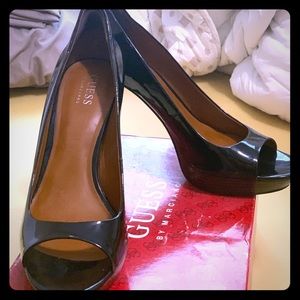 Guess Black patent peep toe heels
